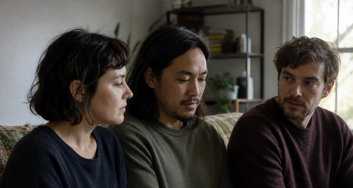 Three adults in a triad seated side by side in natural light, listening seriously during a boundaries conversation