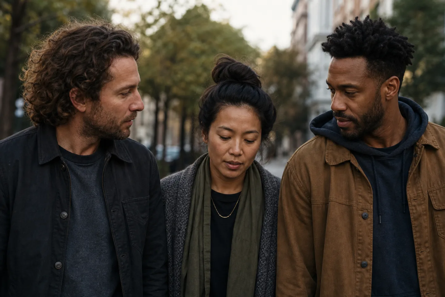 Three adults in an ENM or polyamorous triad walking side by side in natural light while discussing how to describe their relationship