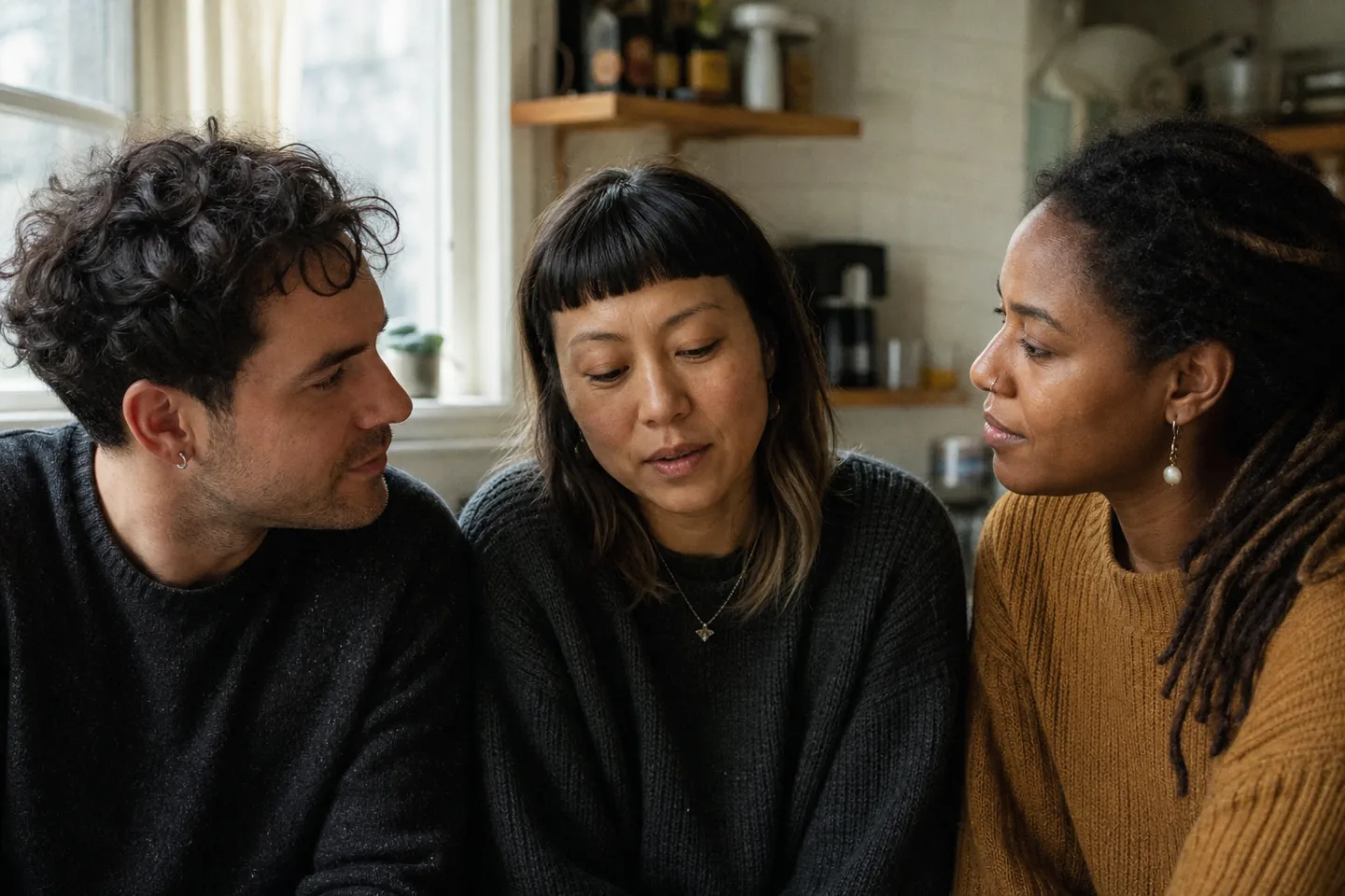 Three adults in a throuple sitting together in natural light, with two in side profile and one looking down during a relationship conversation
